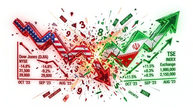 Financial market volatility concept featuring shattering glass trend lines representing economic divergence between global stock exchange performance indices
