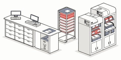 Set of five modern white bookshelves with open compartments, displaying books and decorative © Mamun