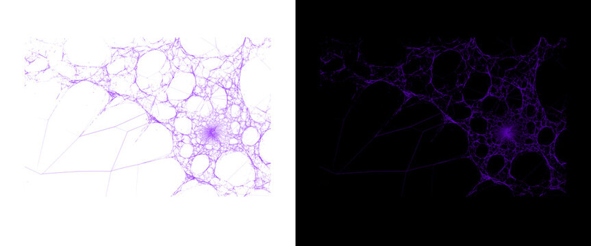 Abstract purple neural network structure, organic biological cell connection web, glowing violet microscopic fiber pattern on black and white background
