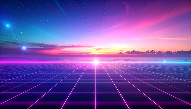 Futuristic Digital Landscape with Neon Horizon and Cosmic Sky