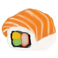 Digital hand drawn Illustration of Japanese salmon sushi rolled with avocado, crab stick, and tamago wrapped in salmon slice © akarcerita