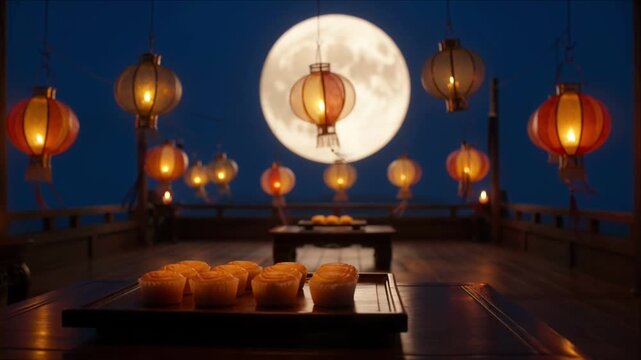 Festive lantern candle light full moon night sky wooden deck traditional pastry dessert celebration holiday background with warm glow serene night celebration harmony soft light reflection wooden