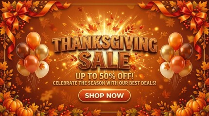 Naklejka premium Festive thanksgiving sale promotional banner featuring golden autumn leaves balloons and decorative ribbon accents for seasonal retail marketing campaigns with celebration