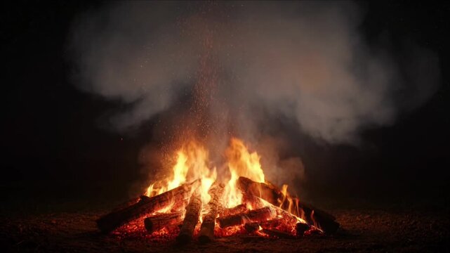 Festive fire bonfire flame smoke in night dark wood campfire outdoor ember glow against dark night background with warm rustic atmosphere and floating smoke cloud above burning wood embers