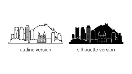 Obraz premium Cityscape Outline and Silhouette: A side-by-side comparison showcases a city skyline in both an outline and silhouette version, highlighting architectural forms against a plain background.