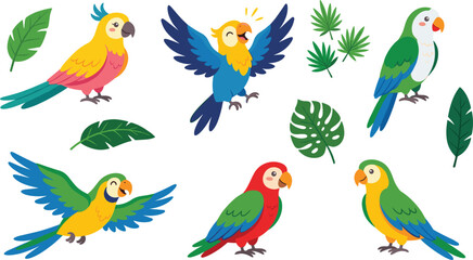 Cute Cartoon Exotic Parrot Bird Character Set Flying and Perching with Tropical Monstera Palm Leaves for Summer Jungle Graphic Vector Clipart © Hazara