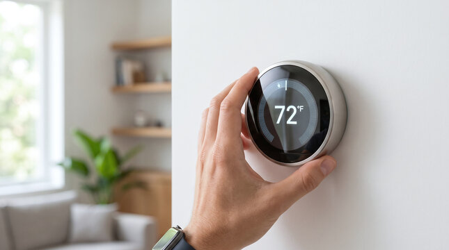 Ideal for home improvement and technology publications, this image shows a human hand adjusting a nest learning thermostat on a wall. Temperature control, smart homes, interior design.