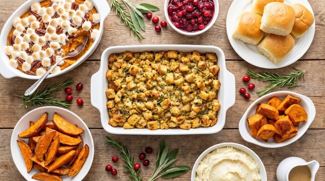 Thanksgiving dinner table spread with sweet potato casserole stuffing bread rolls mashed potatoes and roasted squash served on a rustic wooden surface with fresh cranberries and green herbs