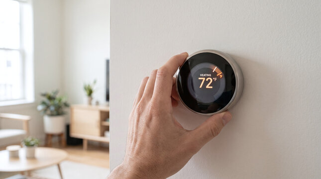 Ideal for smart home or interior design concepts, this microstock asset shows a human hand adjusting a nest learning thermostat dial in a modern living room.