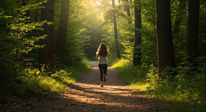 Young Woman Running on Forest Trail in Sunlit Green Woods During Daytime
