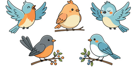 Fototapeta premium Cute Cartoon Birds Vector Set with Little Bluebirds and Robins Flying Sitting on Tree Branches with Berries for Kids Nature Designs
