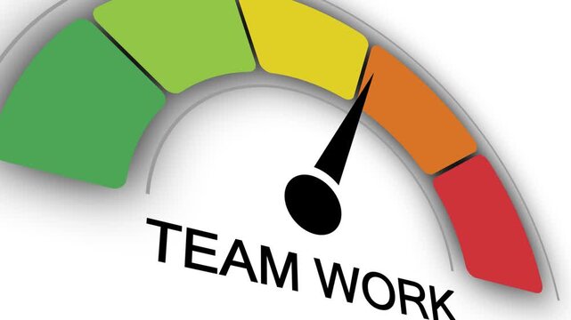 Teamwork gauge meter with needle pointing to green section for collaboration efficiency, performance rating, success assessment, and project management isolated on white background.