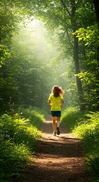 Young Girl Running in Bright Green T-shirt and Blue Shorts on Forest Path During Daylight