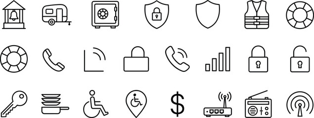 Safety Security Telecommunication Travel and Public Accessibility Thin Line Outline Icon Set Vector © PJ DeSign