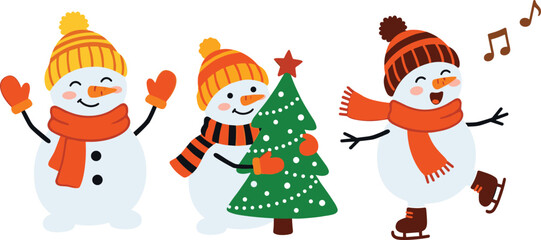 Naklejka premium Cute Christmas Snowman Character Set with Singing Ice Skating and Holding Pine Tree for Winter Holiday Graphic Design Templates
