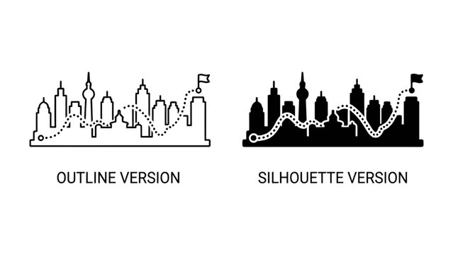 Cityscape Journey: Two stylized cityscape designs, an outline version and a silhouette version, depict a dotted line tracing a path with a flag at the end.