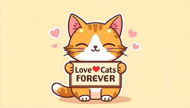   
Cartoon orange and white cat holding sign with &ldquo;Love Cats Forever&rdquo; surrounded by pink hearts cheerful affectionate illustration