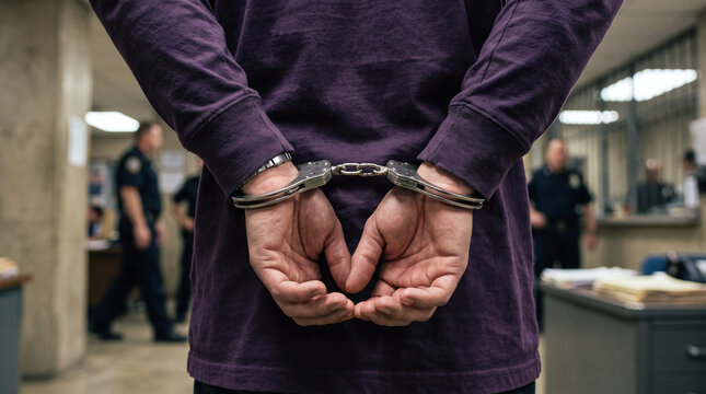 Hands in handcuffs, male prisoner in purple shirt, police station background suitable for law enforcement related projects and documentaries.