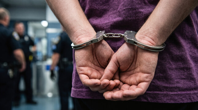 Purple shirt wearer in handcuffs at police station, suitable for law enforcement, crime, arrestthemed designs, and publications with legal topics.
