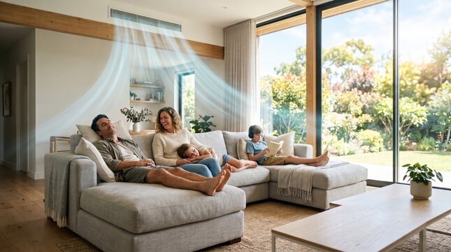 A happy family relaxing in a modern, sunlit living room with visible airflow waves coming from a ducted air conditioner, representing home comfort, cooling, and family lifestyle.