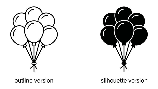 Balloons: A set of balloons in outline and silhouette versions, perfect for celebrations, parties, and events, conveying a sense of festivity and fun.