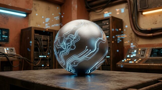 Futuristic CircuitDesign Metallic Sphere on Industrial Surface