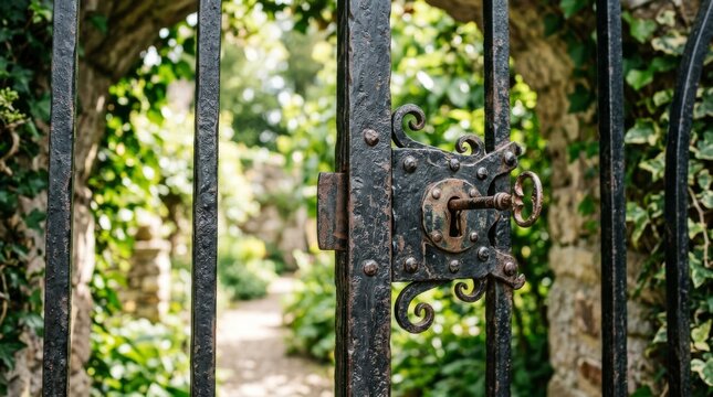 Ornate wrought iron gate with key in lock leading to a secret garden
