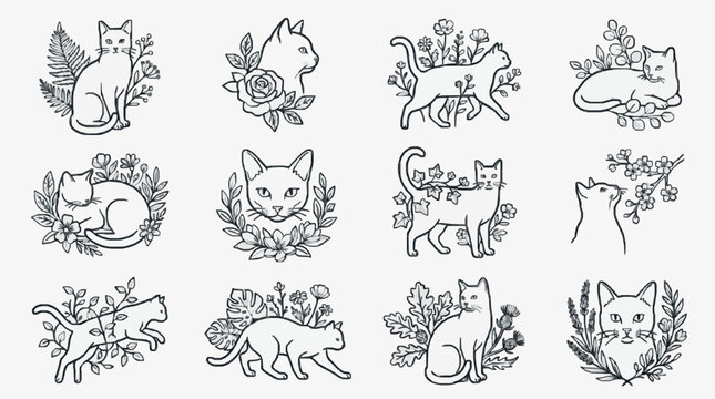 Elegant Blackline Cat Silhouettes with Floral Accents.