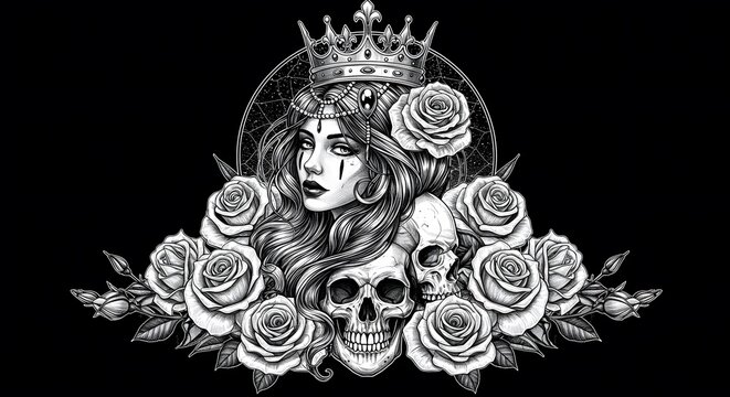 Black and White Tattoo Style Illustration of Woman with Crown Skulls and Roses