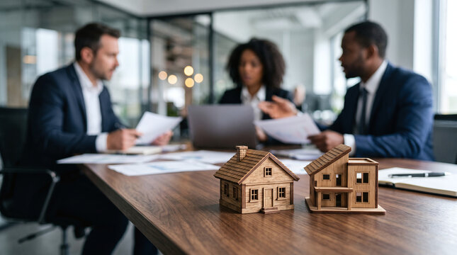 Wooden model houses on office conference table with business people background, suitable for presentations, real estate, office space, teamwork concepts.