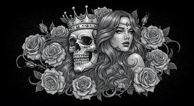 Black and White Tattoo Style Illustration of Woman with Skull and Roses
