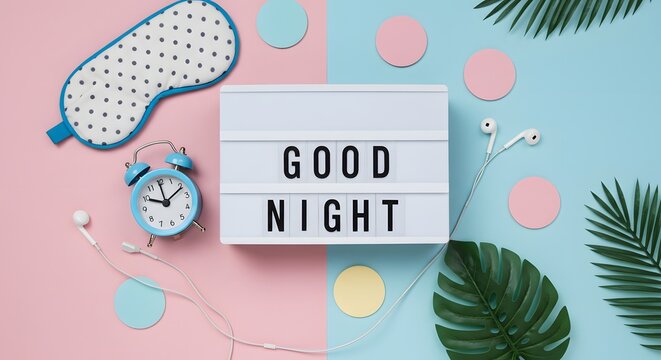 Good Night Sleep Aid Flat Lay with Alarm Clock Eye Mask and Earphones on Colorful Background