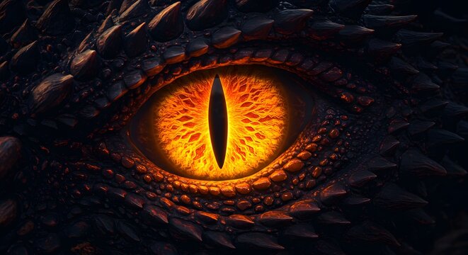 Fiery Dragon Eye Closeup with Bright Orange Pupils and Scaly Black Skin