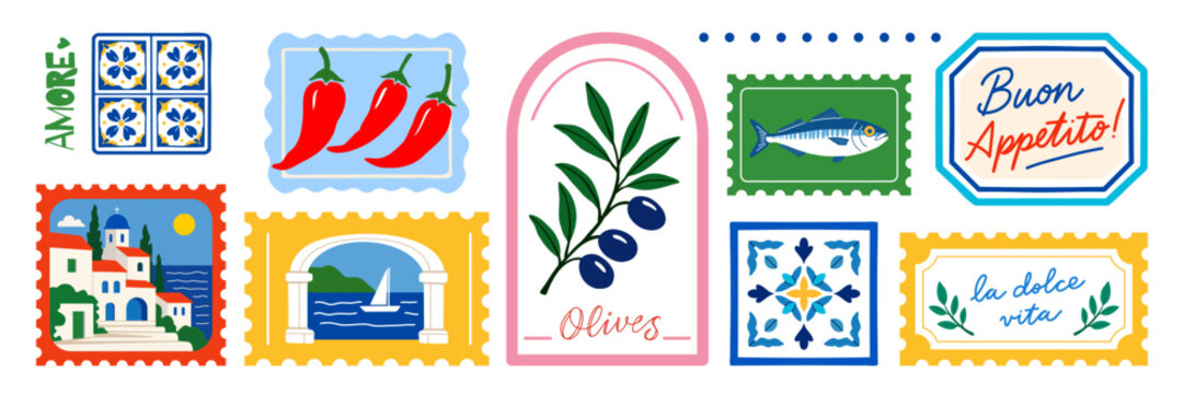 Italy amalfi coast greece santorini dolce vita travel postage stamps labels stickers. Mediterranean olive branch chili pepper fish tile landscape layout. Aesthetic kitchen decor wall art print artwork