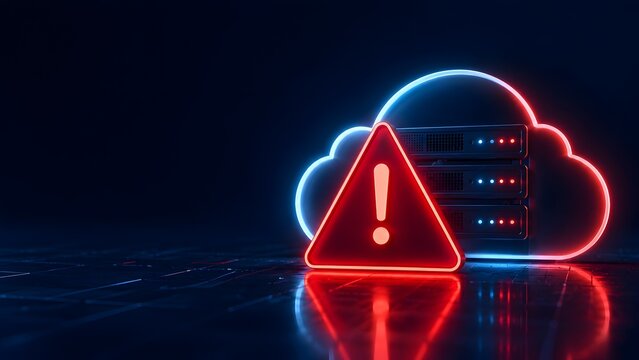 Critical cloud server error alert with glowing red warning triangle and neon data center silhouette on dark reflective background.