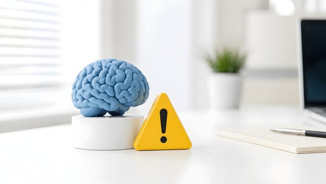 3D render of blue human brain model next to yellow warning alert triangle on clean white office desk