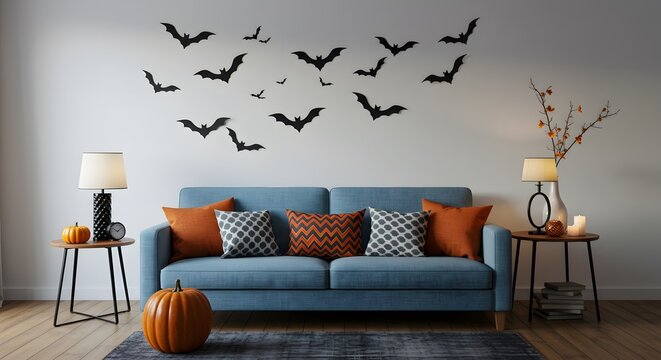 Living Room Sofa Decor with Bat Wall Stickers and Autumn Decorations in Cozy Modern Home