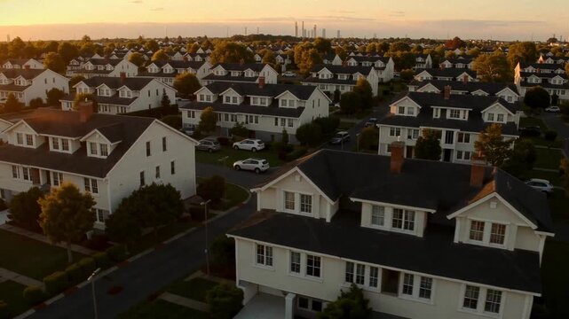 Aerial view of a suburban neighborhood at sunset