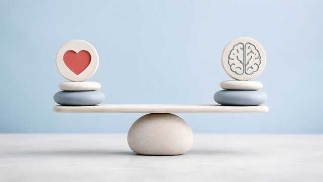 Minimalist balance scale with heart and brain icons on stones representing harmony of logic and emotion