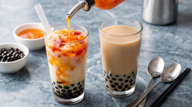 Two glasses of boba milk tea with black tapioca pearls and orange fruit syrup being poured from a glass bottle onto a grey marble surface with small white bowls and metal spoons nearby