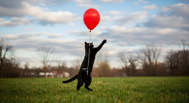 Black Cat Playing with Red Balloon in Open Field Under Blue Sky