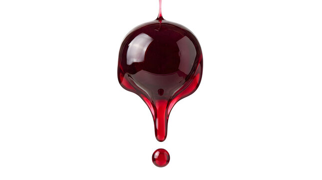 Dripping dark red liquid drop hanging from transparent background.