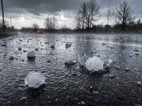 Heavy hail stones on wet asphalt with stormy sky is suitable for weatherrelated articles, natural disaster concept designs, and background images.