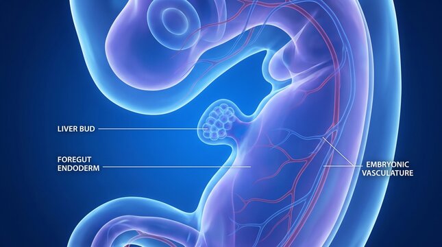 3D Embryology Illustration of Liver Bud Development from Foregut