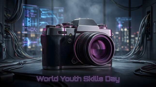 Futuristic DSLR Camera with Purple Lens on Digital Background