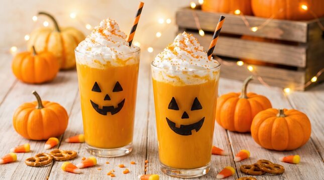 Two glasses of orange pumpkin spice milkshake decorated with black jack o lantern faces topped with whipped cream and striped straws surrounded by small pumpkins candy corn and pretzels on wood