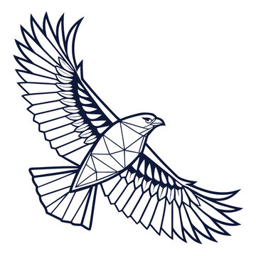Eagle geometric low poly style black and white illustration in flight for sports branding