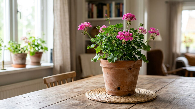 Blooming pink geranium in terracotta pot on wooden table, natural light, home greenery