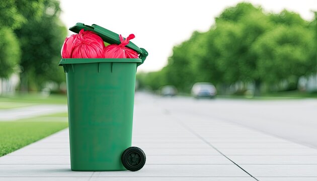 Overflowing green bin on sidewalk with red bags, leafy trees, and distant cars