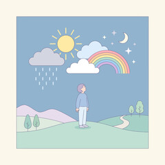 Obraz premium Minimalist illustration of a person observing diverse weather phenomena and sky conditions, symbolizing life's varying moods and natural beauty and the cyclical changes of nature
